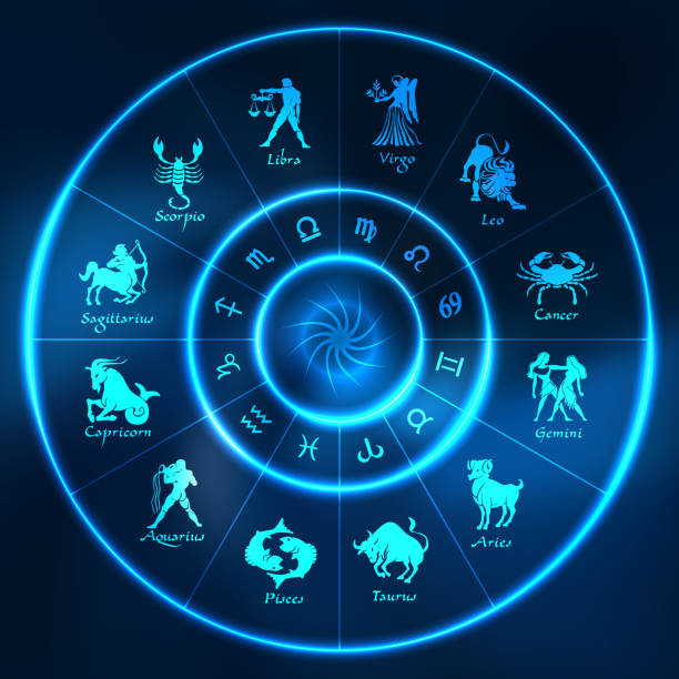Blue neon horoscope circle.Circle with signs of zodiac.Vector illustration